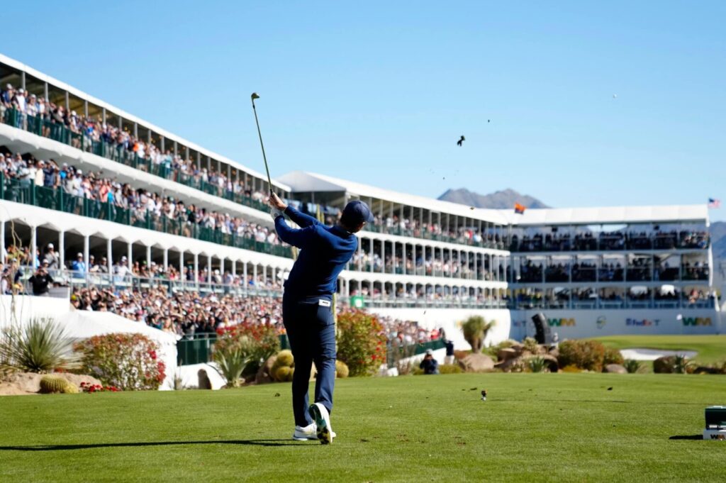 Feb 9, 2023; Scottsdale, AZ, USA; Rory McIlroy ptees off on the 16th hole during round one of the WM Phoenix Open at TPC Scottsdale. Mandatory Credit: Rob Schumacher-USA TODAY Sports